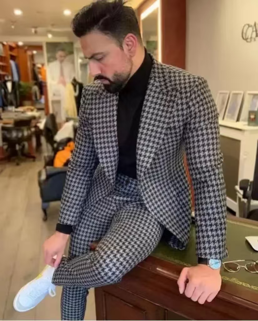 Men Formal Wear With Blazer - Houndstooth vintage terno masculino pico lapela