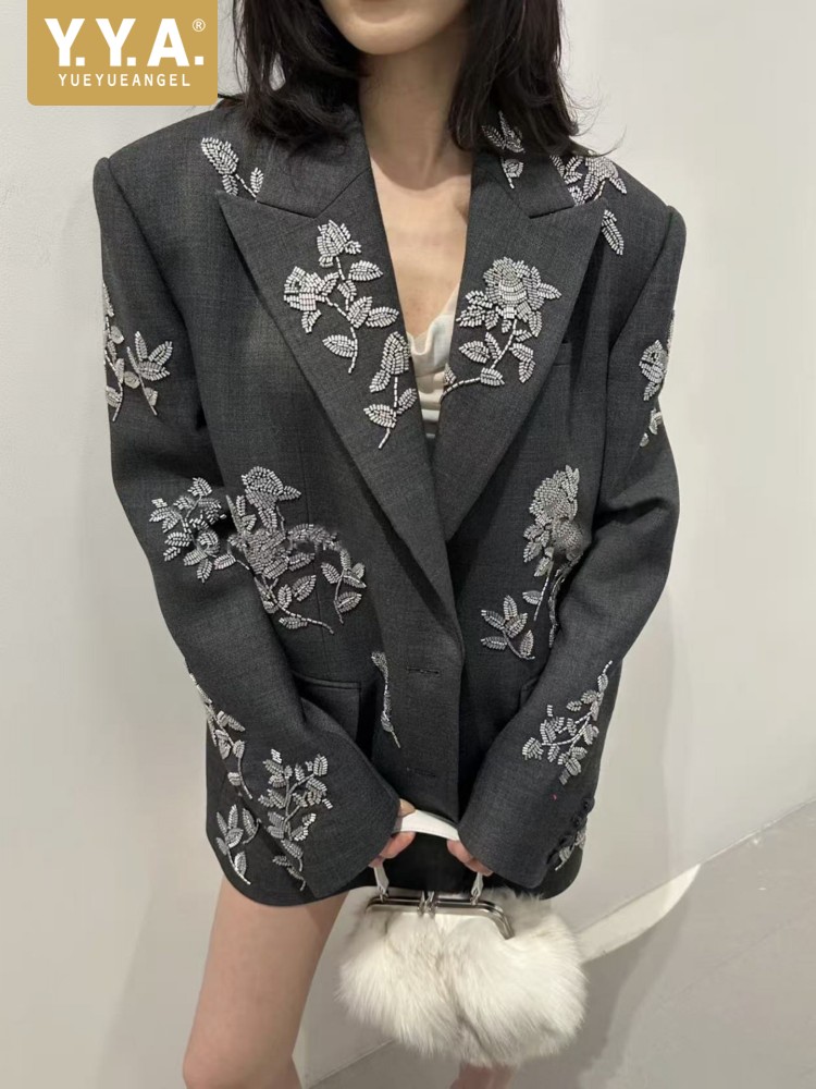 Wool Suit Jacket - Blazers Femininos Cinza de Alta Qualidade,