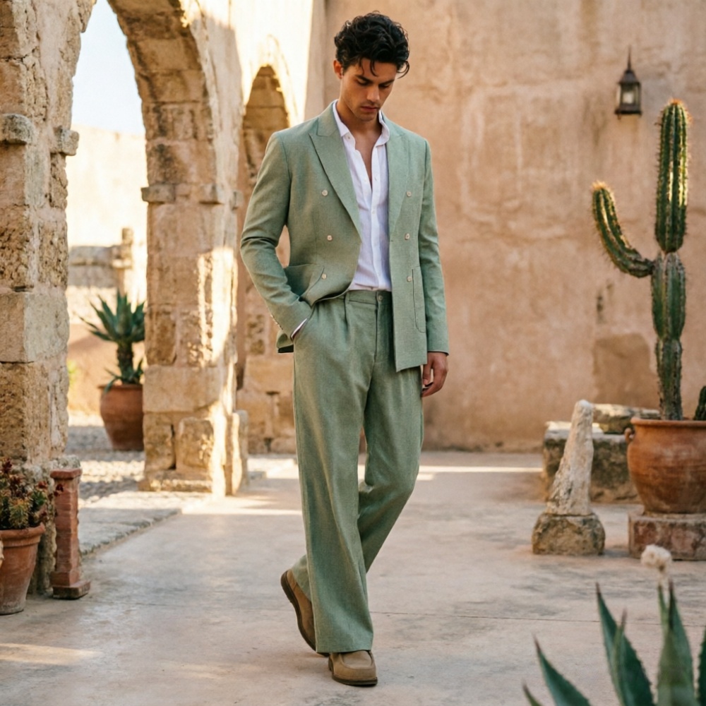 Men'S Relaxed Formal Wear - Ternos Masculinos de Linho Verde Sálvia,